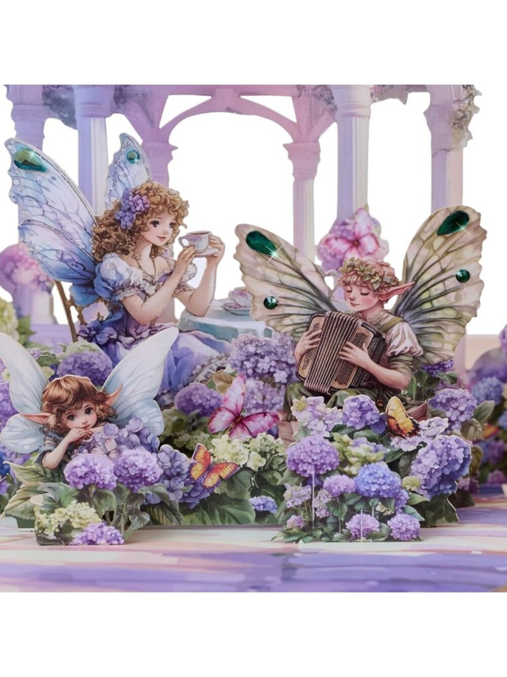 3D Pop-Up Fairy Garden Birthday Card with Hydrangea & Purple Gazebo - Gift for